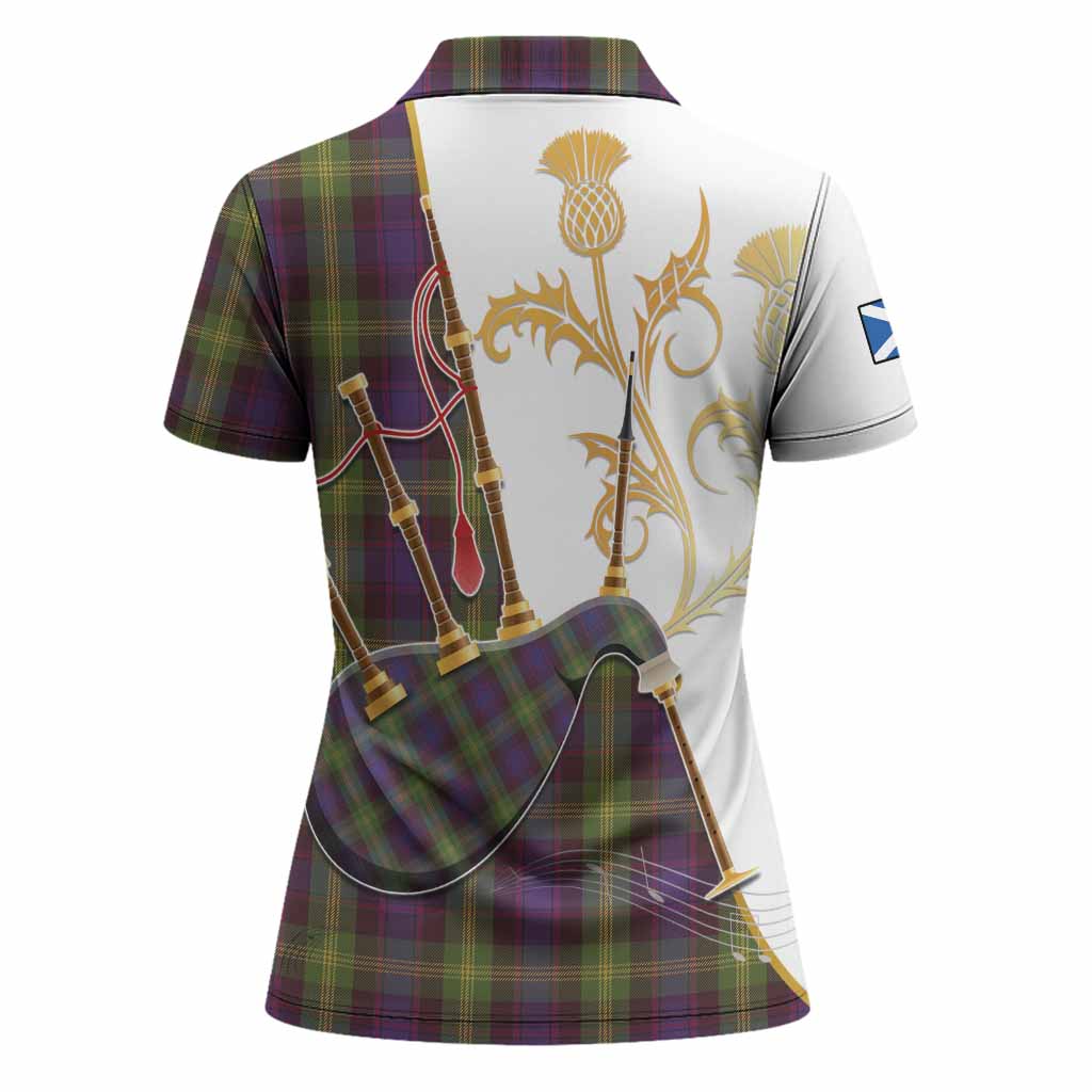 Watson Tartan Family Crest Women Polo Shirt Bagpipes with Scottish Thistle