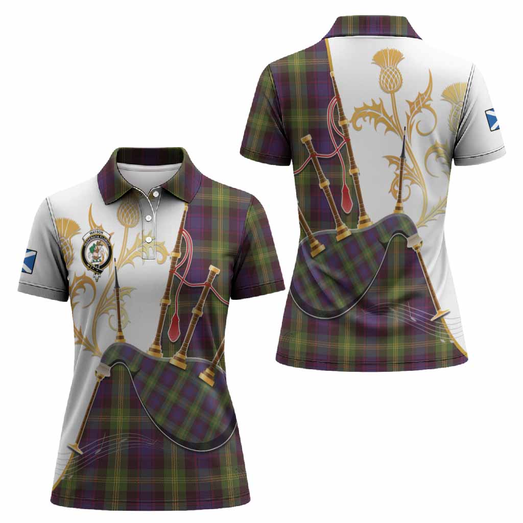 Watson Tartan Family Crest Women Polo Shirt Bagpipes with Scottish Thistle