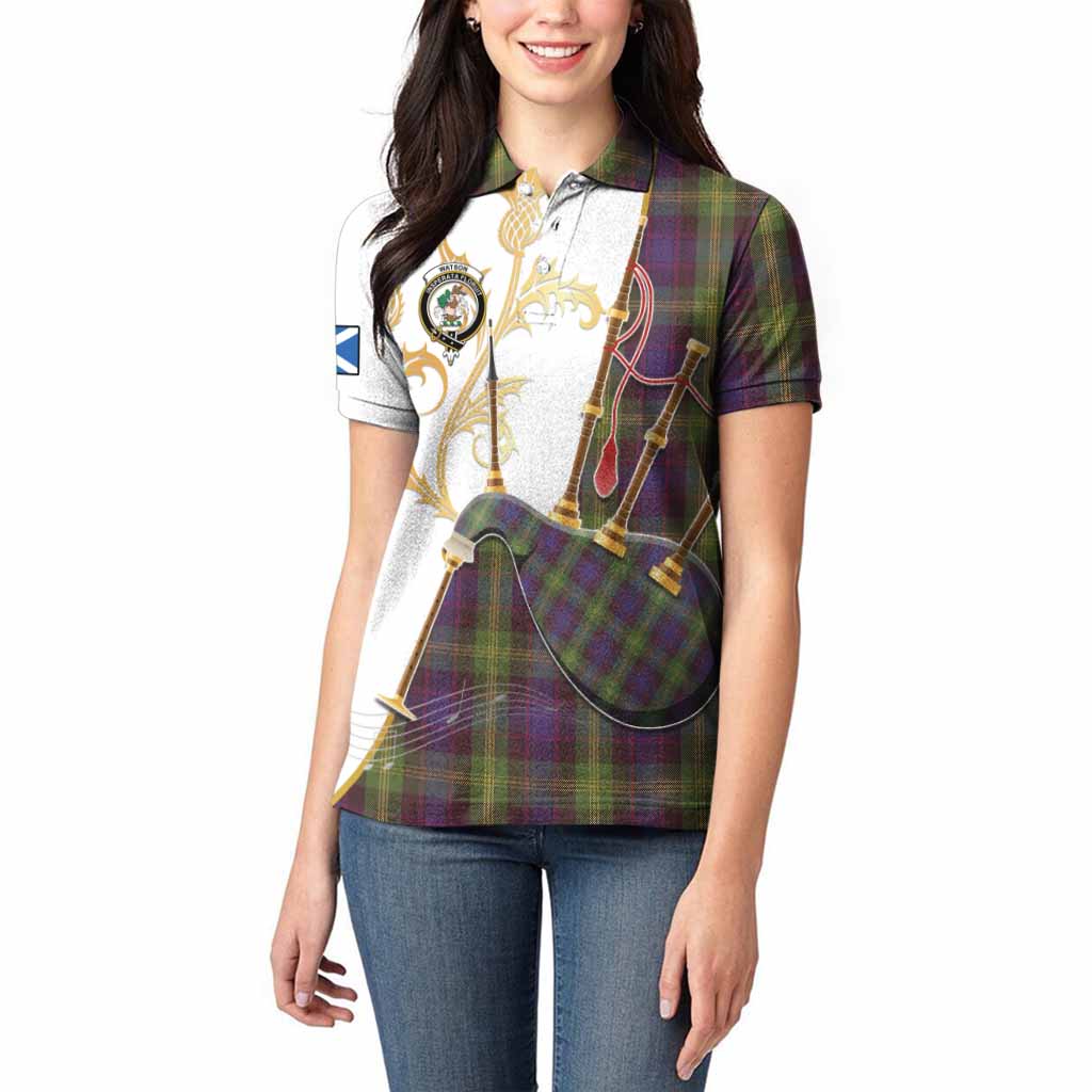 Watson Tartan Family Crest Women Polo Shirt Bagpipes with Scottish Thistle