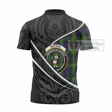 Watson Tartan Family Crest Zipper Polo Shirt Celtic Scottish Thistle Floral
