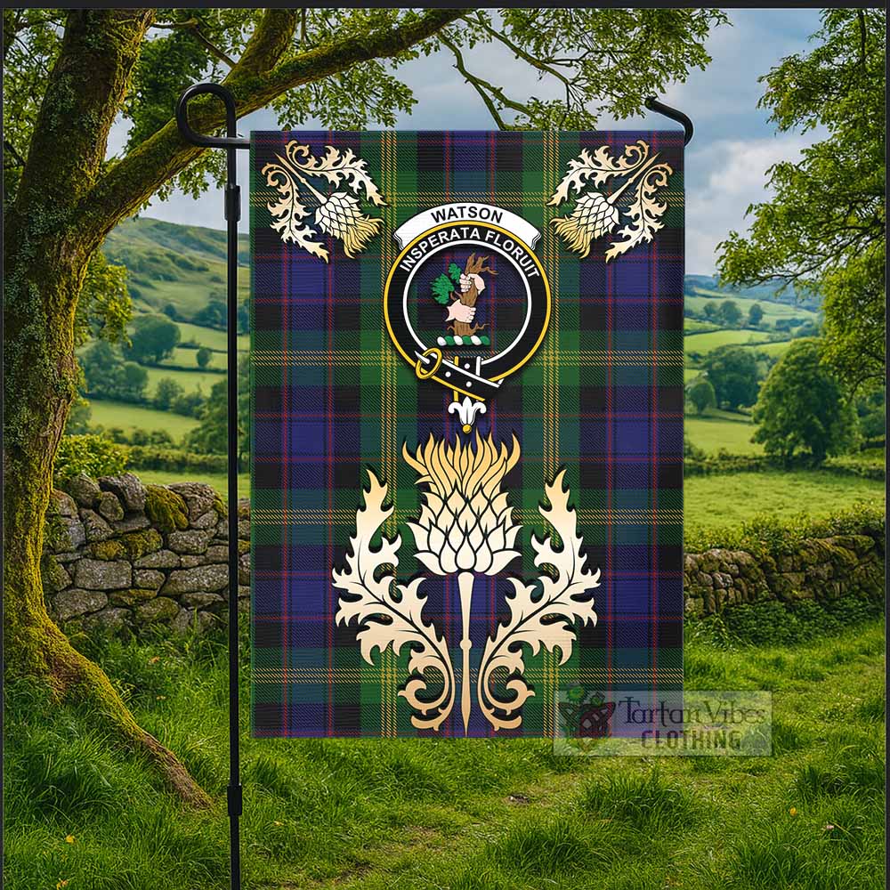 Watson Tartan Garden Flag with Golden Regal Scottish Thistle Emblem - Tartan Vibes Clothing