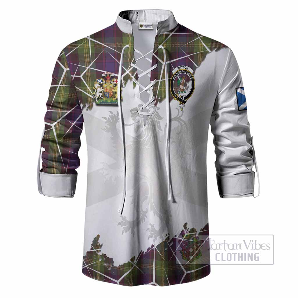 Watson Tartan Ghillie Shirt with Family Crest and Lion Rampant Grunge Style