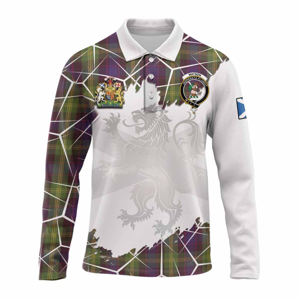 Watson Tartan Long Sleeve Polo Shirt with Family Crest and Lion Rampant Grunge Style