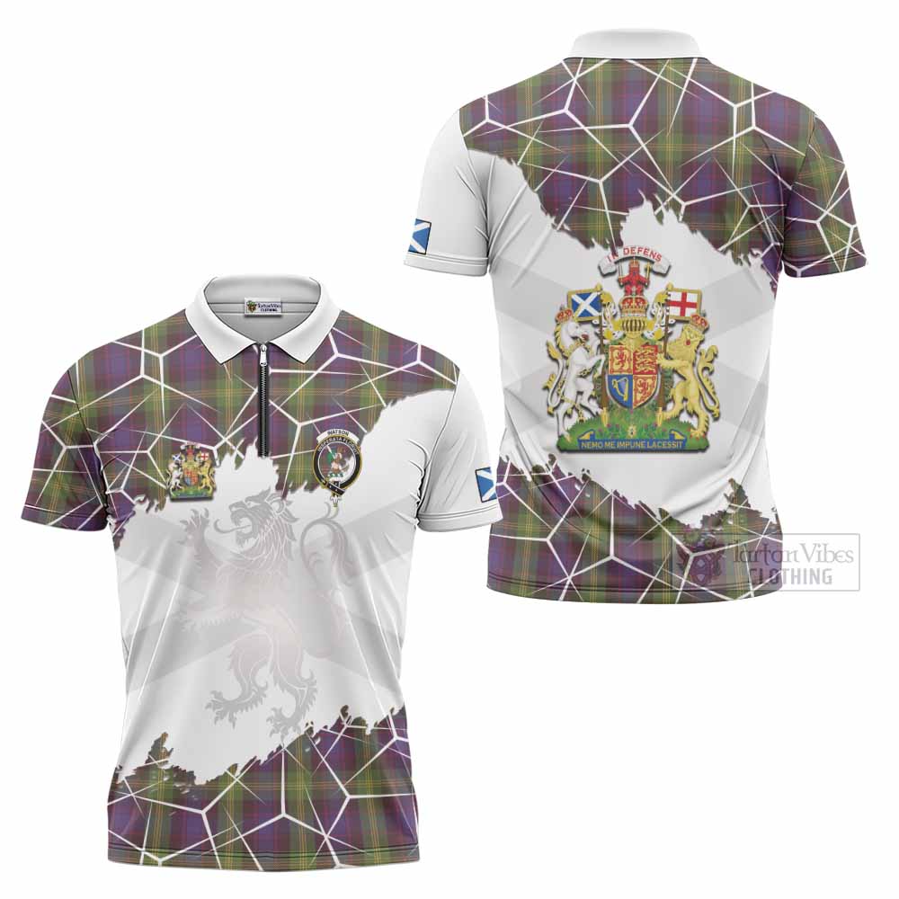 Watson Tartan Zipper Polo Shirt with Family Crest and Lion Rampant Grunge Style