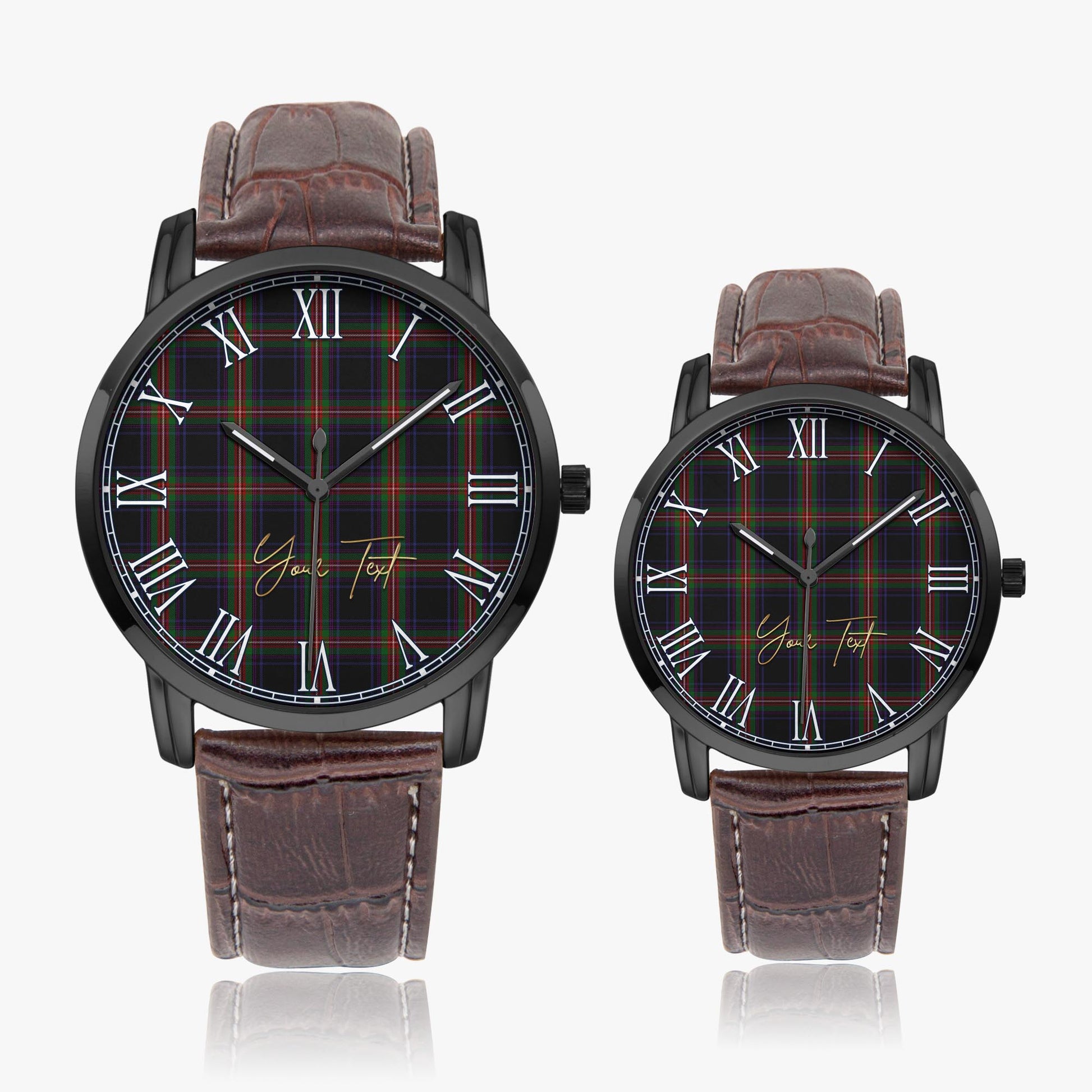 Watt Tartan Personalized Your Text Leather Trap Quartz Watch Wide Type Black Case With Brown Leather Strap - Tartanvibesclothing Shop