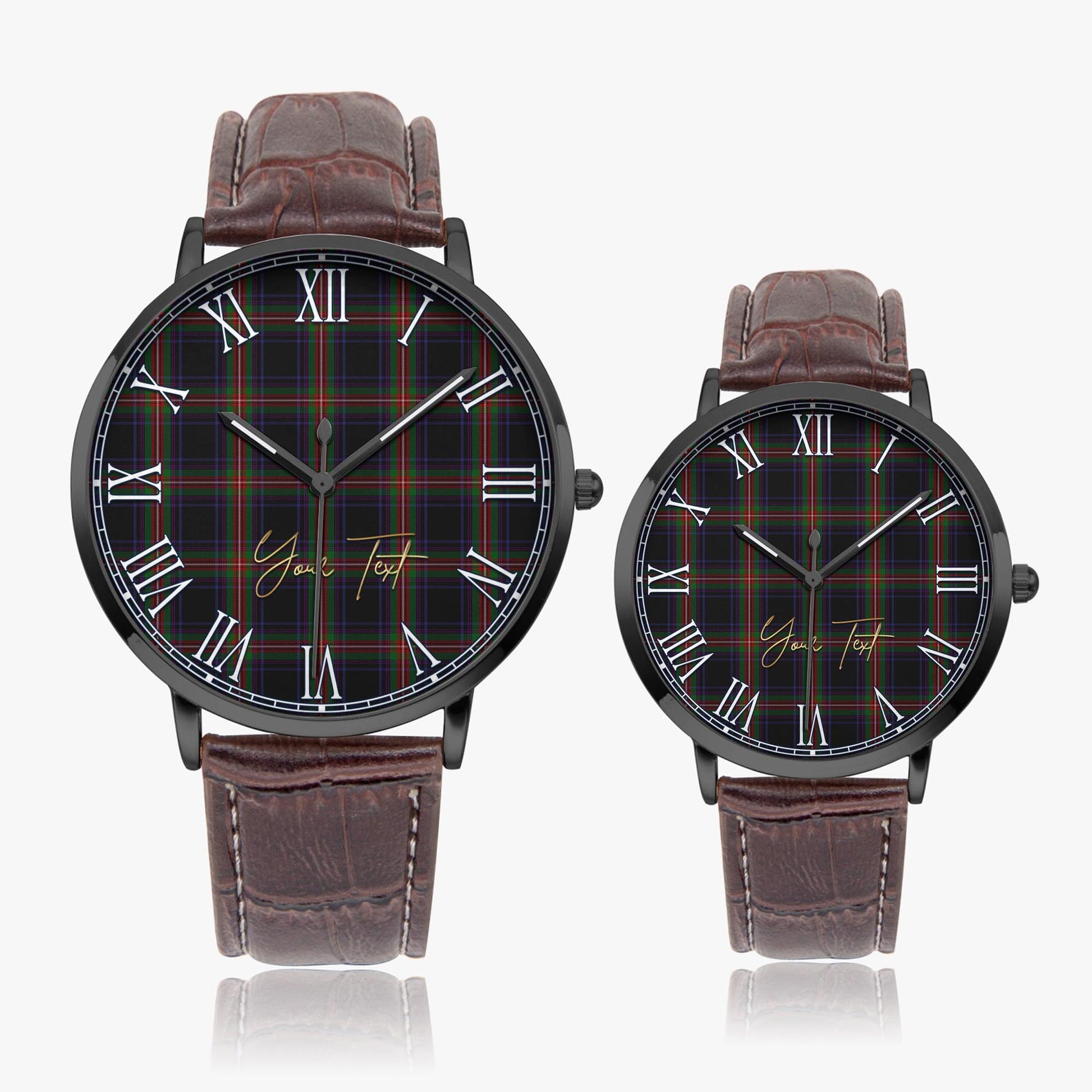 Watt Tartan Personalized Your Text Leather Trap Quartz Watch Ultra Thin Black Case With Brown Leather Strap - Tartanvibesclothing Shop