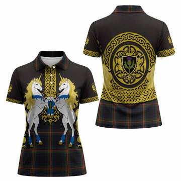 Watt Tartan Women Polo Shirt Unicorn Celtic Knot And Thistle Emblem