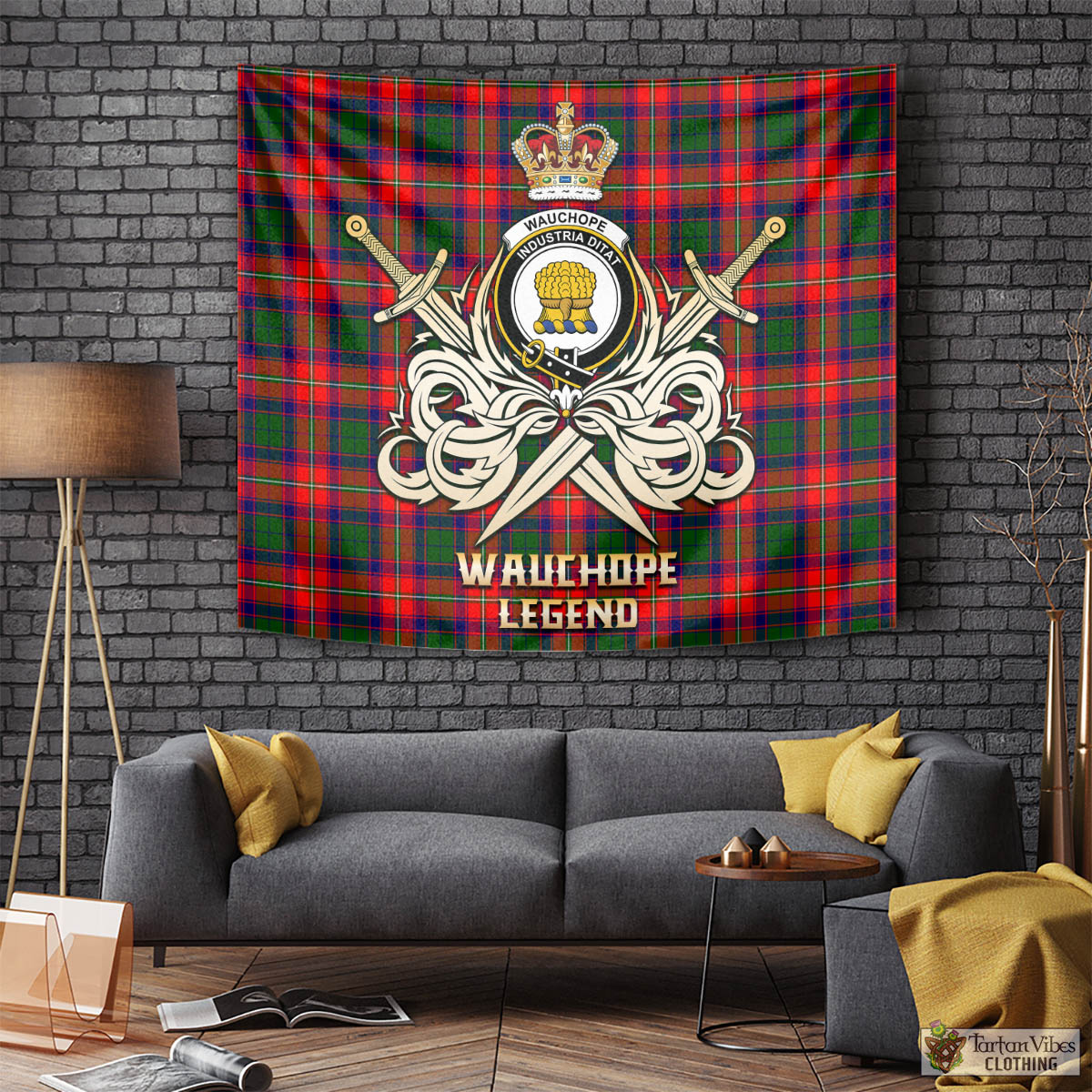 Tartan Vibes Clothing Wauchope Tartan Tapestry with Clan Crest and the Golden Sword of Courageous Legacy