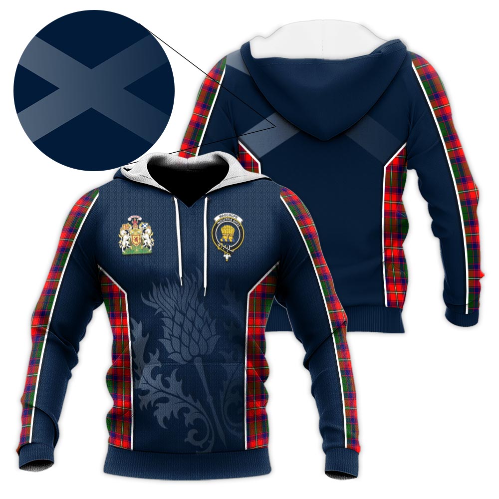 Tartan Vibes Clothing Wauchope Tartan Knitted Hoodie with Family Crest and Scottish Thistle Vibes Sport Style