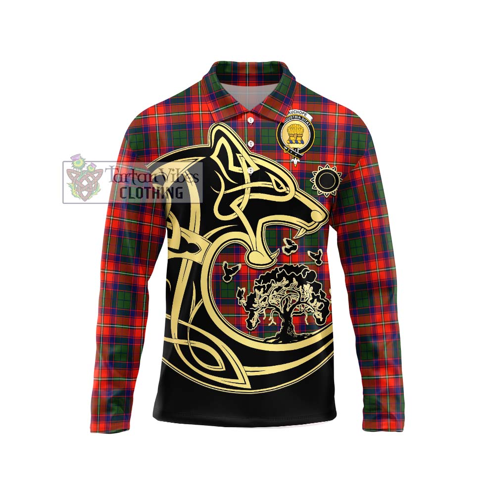 Wauchope Tartan Long Sleeve Polo Shirt with Family Crest Celtic Wolf Style Unisex - Tartan Vibes Clothing