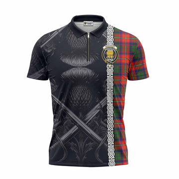 Wauchope Tartan Zipper Polo Shirt with Family Crest Cross Sword Thistle Celtic Vibes Unisex - Tartan Vibes Clothing