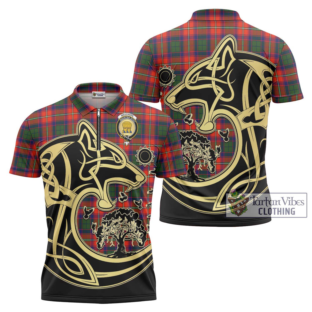 Wauchope Tartan Zipper Polo Shirt with Family Crest Celtic Wolf Style Unisex - Tartan Vibes Clothing