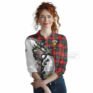 Wauchope Tartan Women's Casual Shirt with Family Crest and St. Andrew's Cross Accented by Thistle Vines Female - Tartan Vibes Clothing