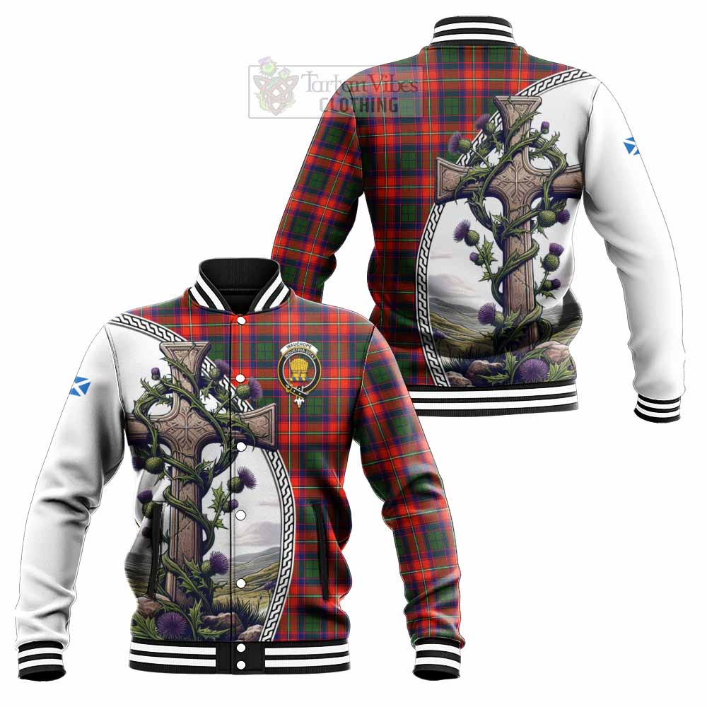 Wauchope Tartan Baseball Jacket with Family Crest and St. Andrew's Cross Accented by Thistle Vines Unisex - Tartan Vibes Clothing