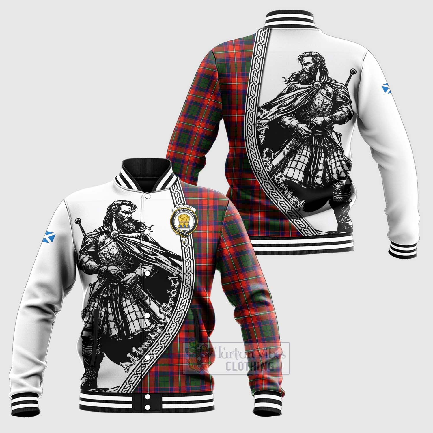 Wauchope Tartan Clan Crest Baseball Jacket with Highlander Warrior Celtic Style Unisex - Tartan Vibes Clothing