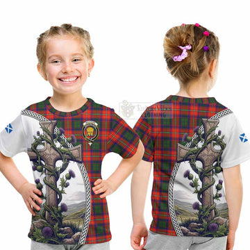 Wauchope Tartan Kid T-Shirt with Family Crest and St. Andrew's Cross Accented by Thistle Vines - Tartan Vibes Clothing