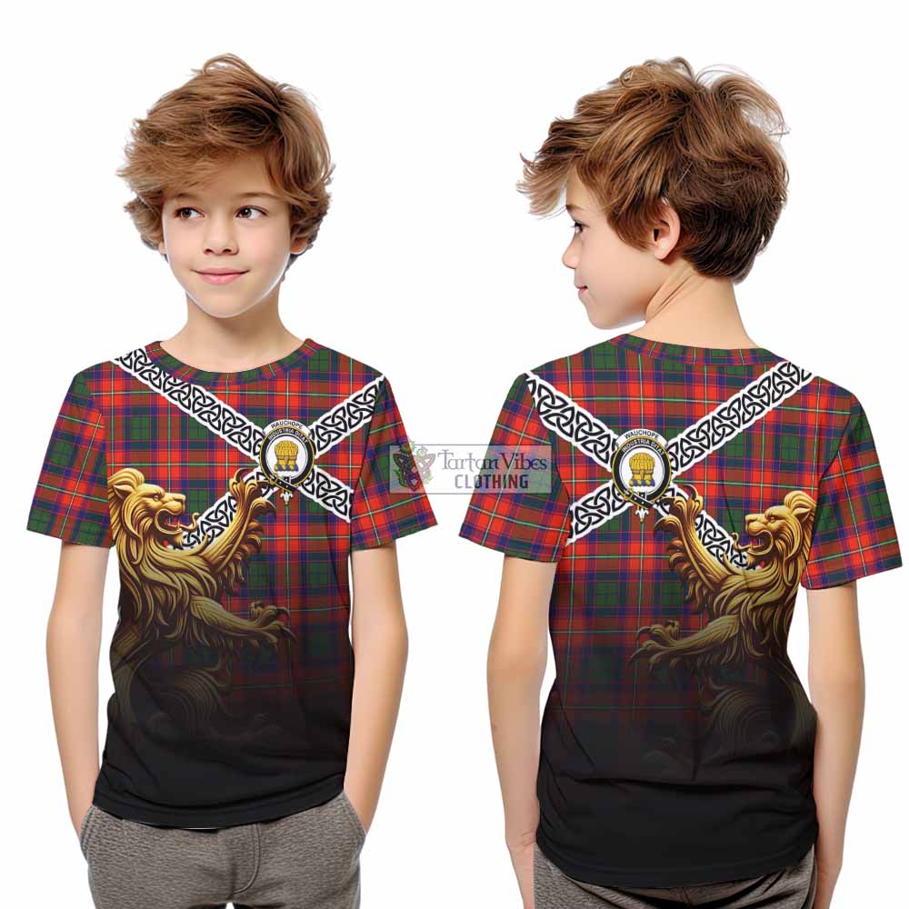 Wauchope Crest Tartan Kid T-Shirt with Golden Lion Emblem Celtic Style - Tartan Vibes Clothing