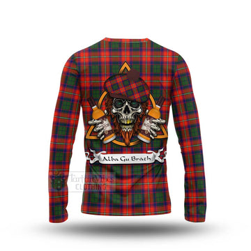 Wauchope Tartan Long Sleeve T-Shirt with Family Crest and Bearded Skull Holding Bottles of Whiskey - Tartan Vibes Clothing