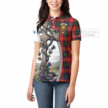 Wauchope Tartan Women's Polo Shirt with Family Crest and St. Andrew's Cross Accented by Thistle Vines - Tartan Vibes Clothing