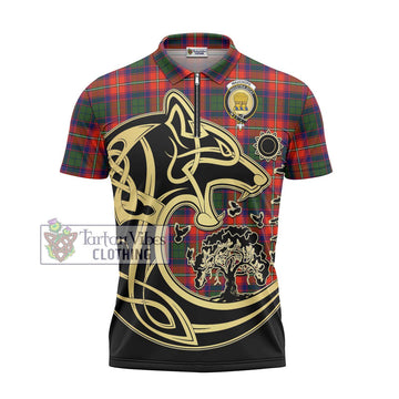 Wauchope Tartan Zipper Polo Shirt with Family Crest Celtic Wolf Style - Tartan Vibes Clothing