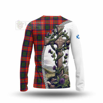 Wauchope Tartan Long Sleeve T-Shirt with Family Crest and St. Andrew's Cross Accented by Thistle Vines - Tartan Vibes Clothing