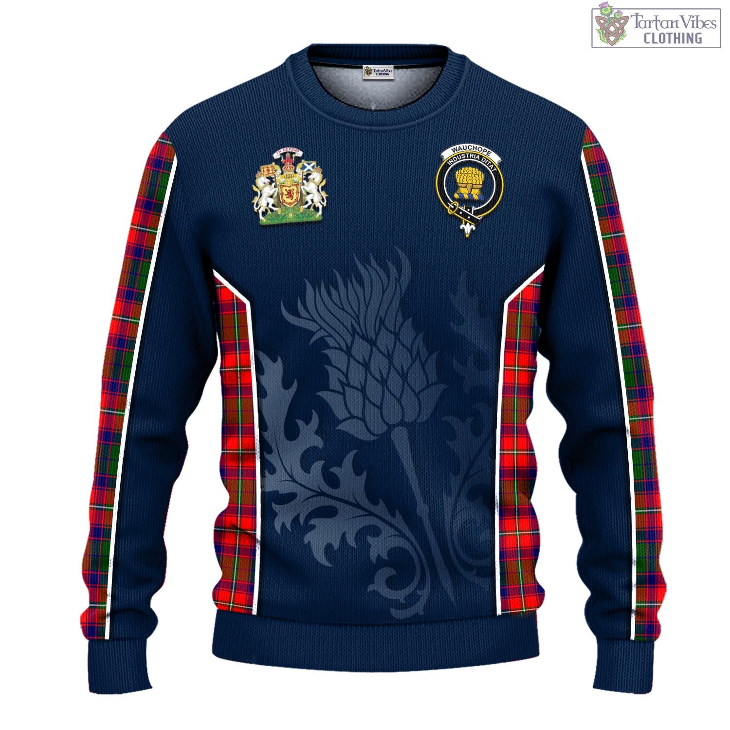 Wauchope Tartan Knitted Sweatshirt with Family Crest and Scottish Thistle Vibes Sport Style - Tartan Vibes Clothing