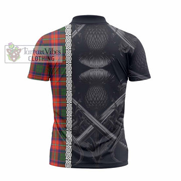 Wauchope Tartan Zipper Polo Shirt with Family Crest Cross Sword Thistle Celtic Vibes - Tartan Vibes Clothing