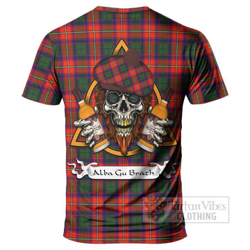 Wauchope Tartan T-Shirt with Family Crest and Bearded Skull Holding Bottles of Whiskey - Tartan Vibes Clothing
