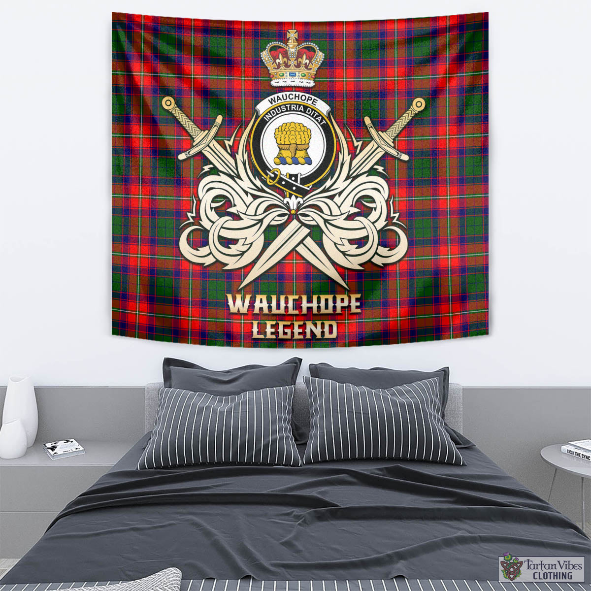 Tartan Vibes Clothing Wauchope Tartan Tapestry with Clan Crest and the Golden Sword of Courageous Legacy