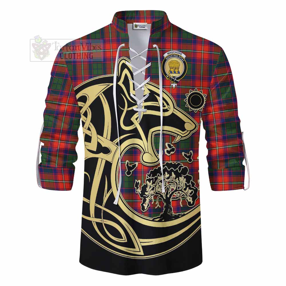 Wauchope Tartan Ghillie Kilt Shirt with Family Crest Celtic Wolf Style - Tartan Vibes Clothing