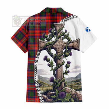 Wauchope Tartan Hawaiian Shirt with Family Crest and St. Andrew's Cross Accented by Thistle Vines - Tartan Vibes Clothing