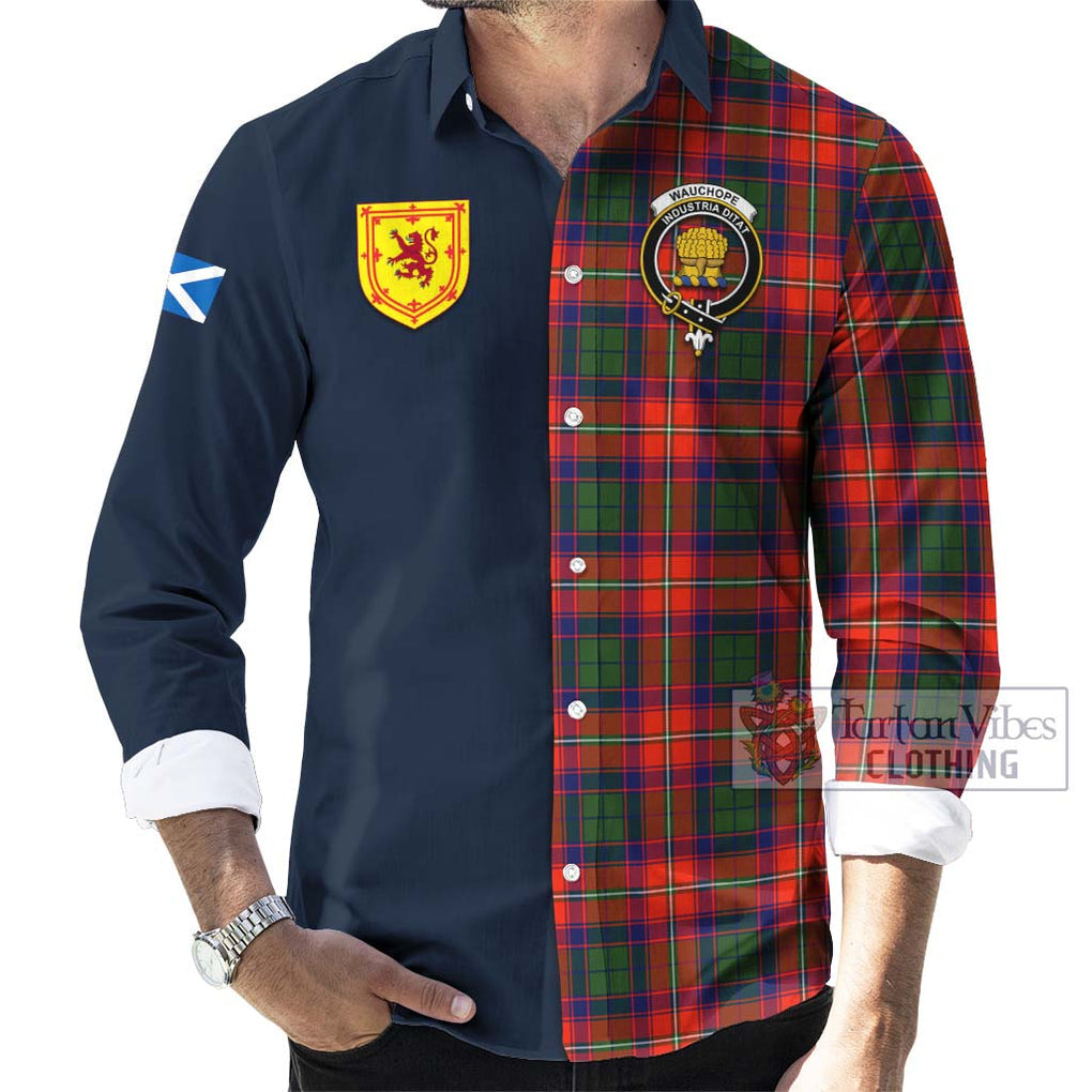 Wauchope Tartan Long Sleeve Button Shirt Alba with Scottish Lion Royal Arm Half Style Men's Shirt - Tartan Vibes Clothing