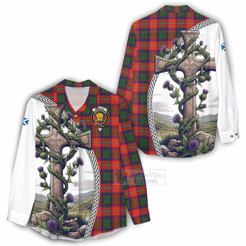 Wauchope Tartan Women's Casual Shirt with Family Crest and St. Andrew's Cross Accented by Thistle Vines - Tartan Vibes Clothing