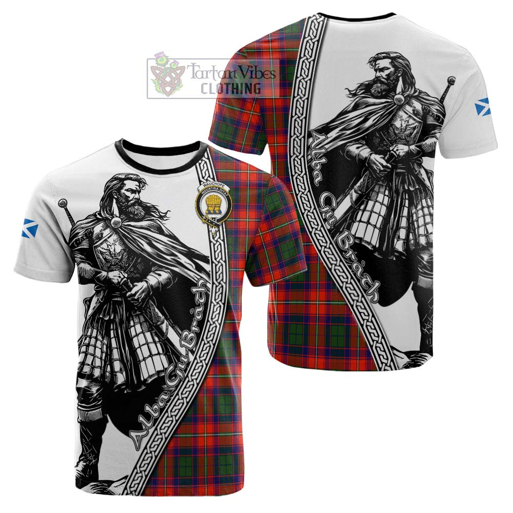 Wauchope Tartan Clan Crest Cotton T-shirt with Highlander Warrior Celtic Style - Tartan Vibes Clothing