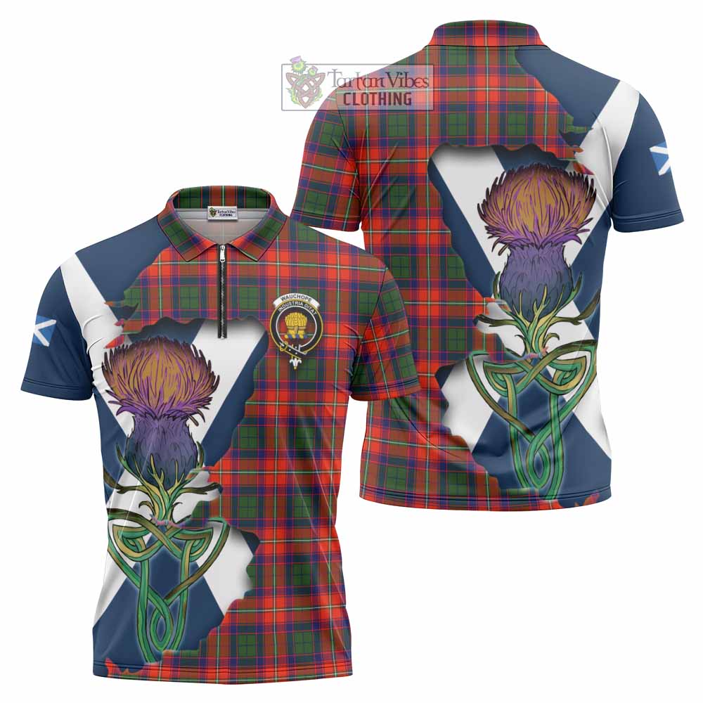 Tartan Vibes Clothing Wauchope Tartan Family Crest Zipper Polo Shirt Scottish Thistle Celtic Inspired