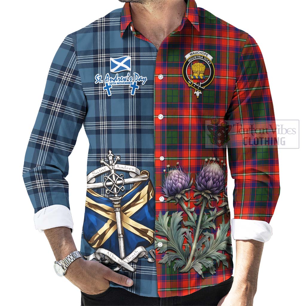 Wauchope Tartan Long Sleeve Button Shirt Happy St. Andrew's Day Half Tartan Style - Tartan Vibes Clothing