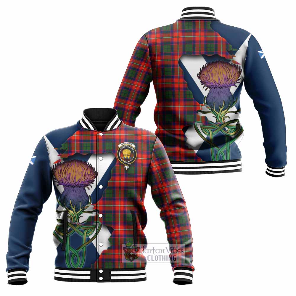 Tartan Vibes Clothing Wauchope Tartan Family Crest Baseball Jacket Scottish Thistle Celtic Inspired