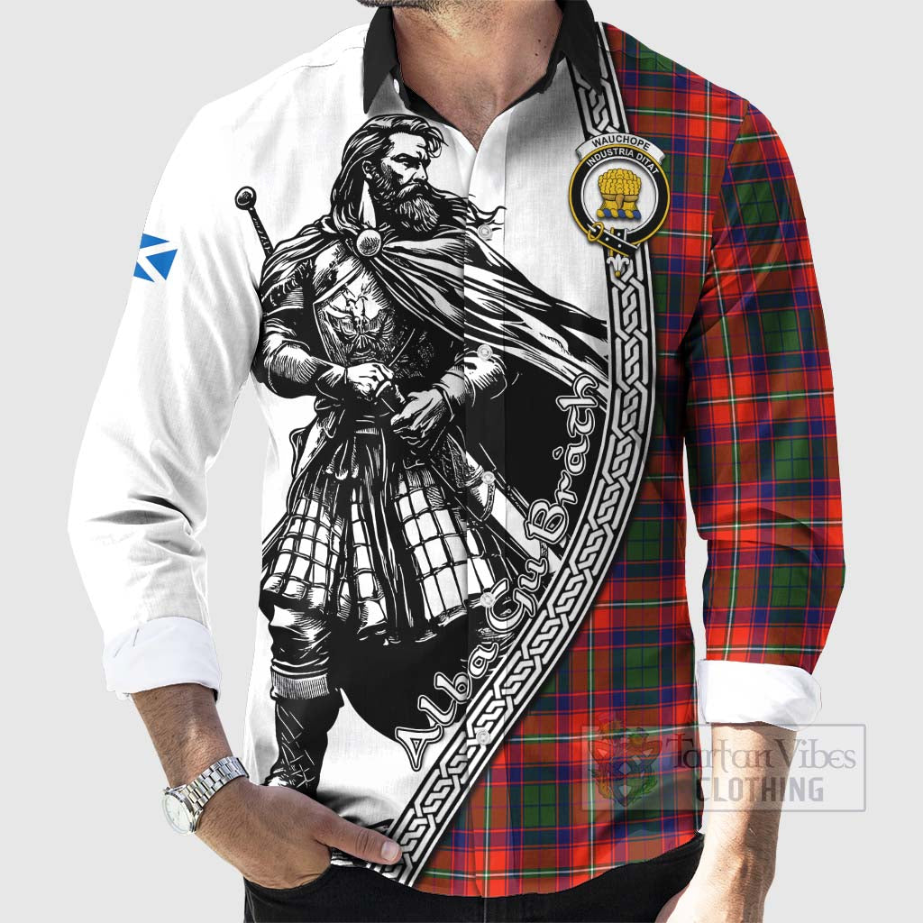 Wauchope Tartan Clan Crest Long Sleeve Button Shirt with Highlander Warrior Celtic Style - Tartan Vibes Clothing