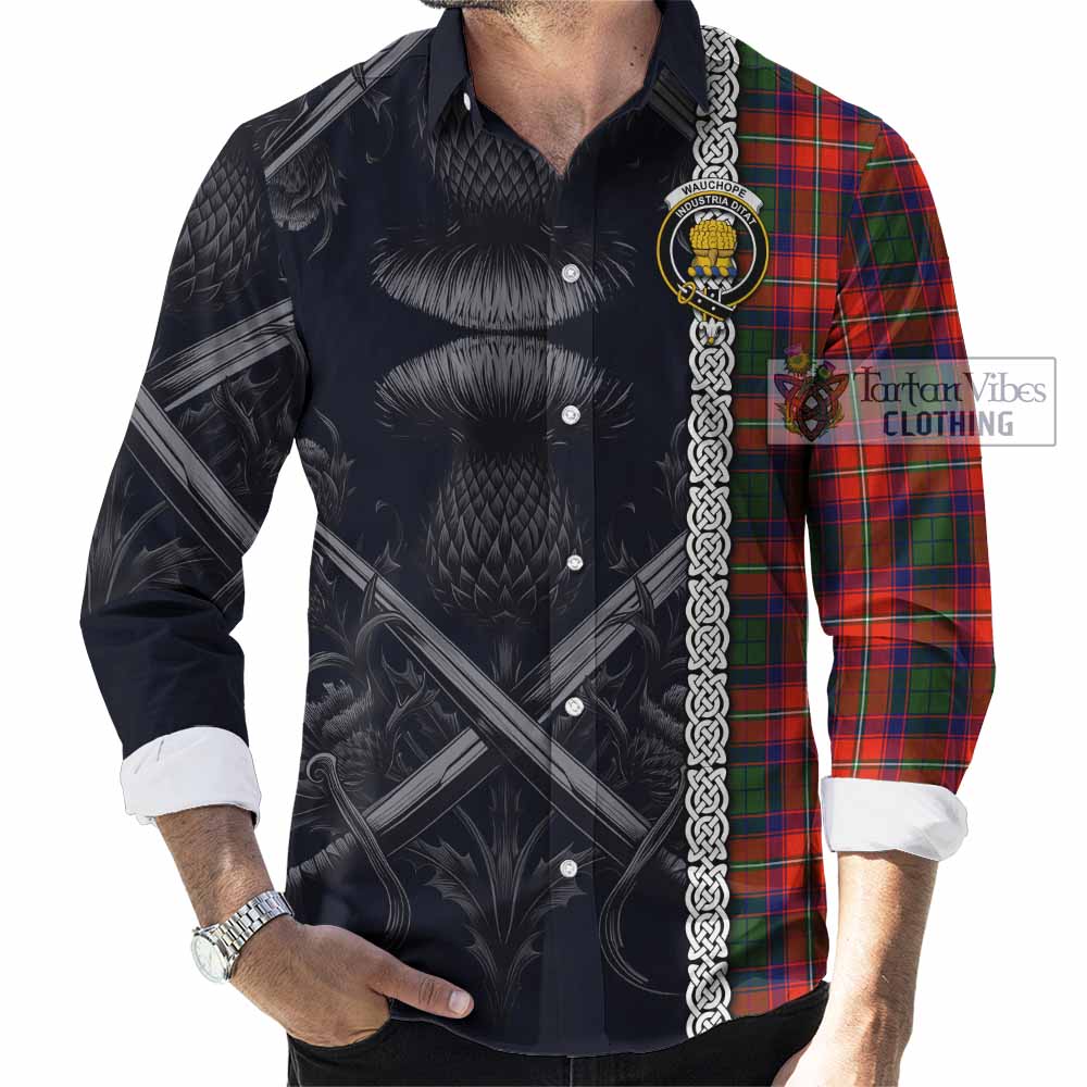 Tartan Vibes Clothing Wauchope Tartan Long Sleeve Button Shirt with Family Crest Cross Sword Thistle Celtic Vibes