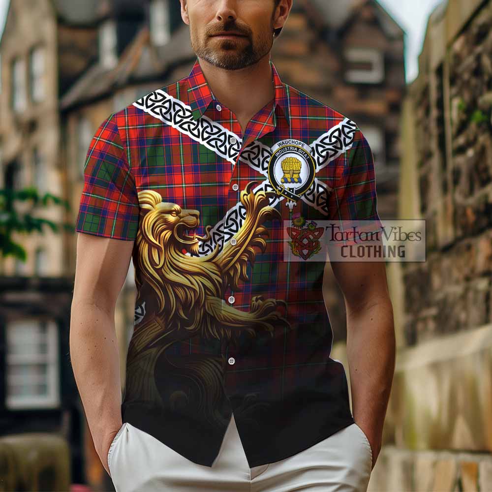Wauchope Crest Tartan Hawaiian Shirt with Golden Lion Emblem Celtic Style - Tartan Vibes Clothing