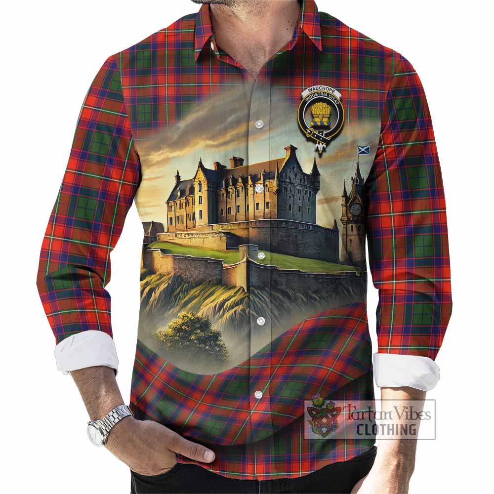 Tartan Vibes Clothing Wauchope Tartan Family Crest Long Sleeve Button Shirt with Scottish Ancient Castle Style