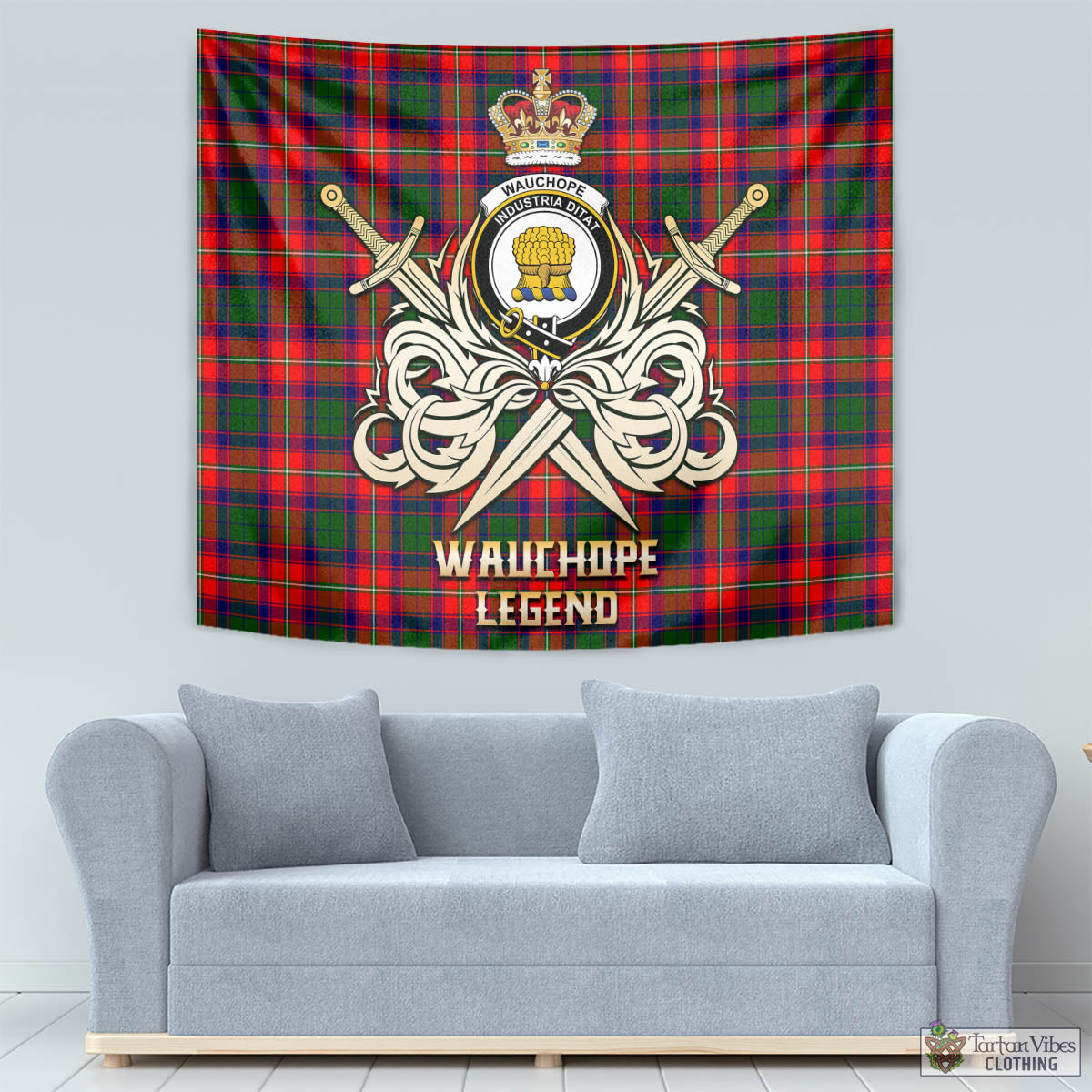 Tartan Vibes Clothing Wauchope Tartan Tapestry with Clan Crest and the Golden Sword of Courageous Legacy