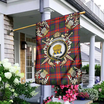 Wauchope Tartan Garden Flag with Family Crest and Golden Thistle Crossed Sword Design