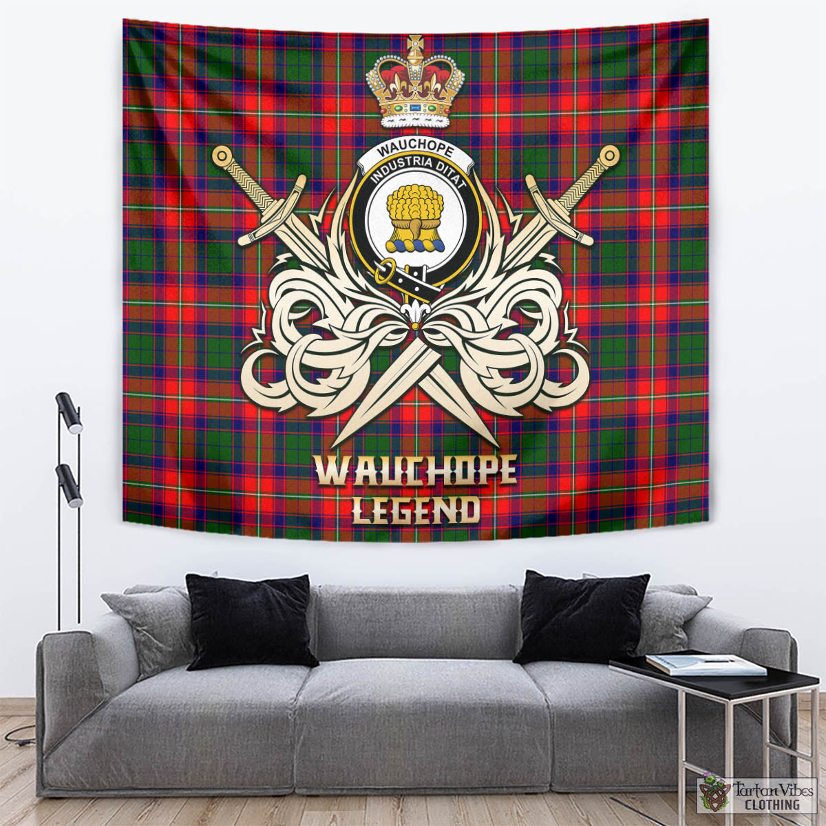 Tartan Vibes Clothing Wauchope Tartan Tapestry with Clan Crest and the Golden Sword of Courageous Legacy