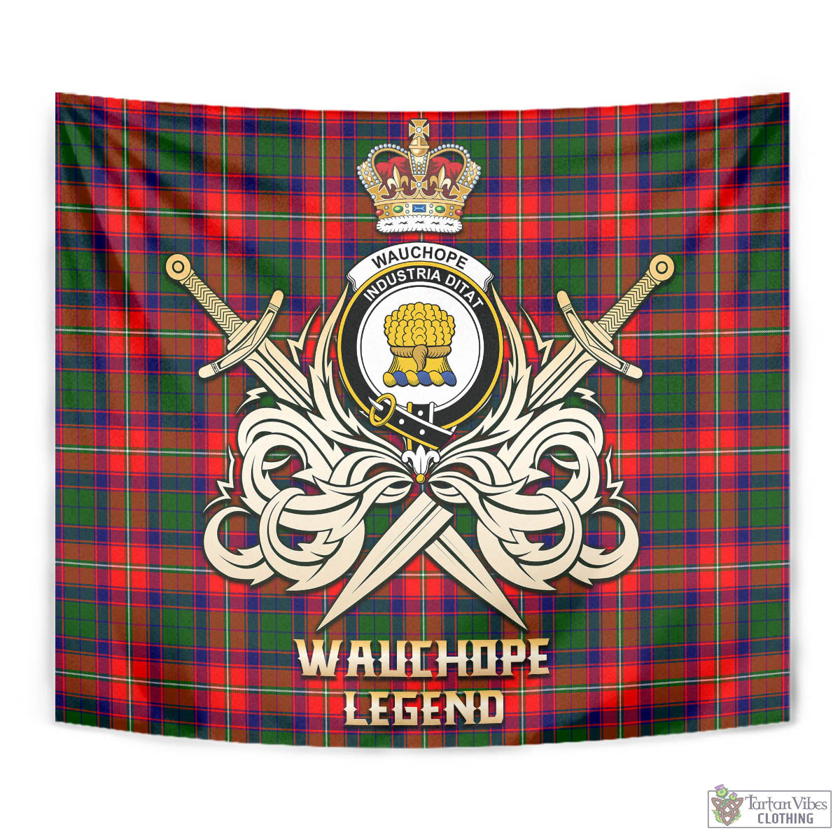 Tartan Vibes Clothing Wauchope Tartan Tapestry with Clan Crest and the Golden Sword of Courageous Legacy