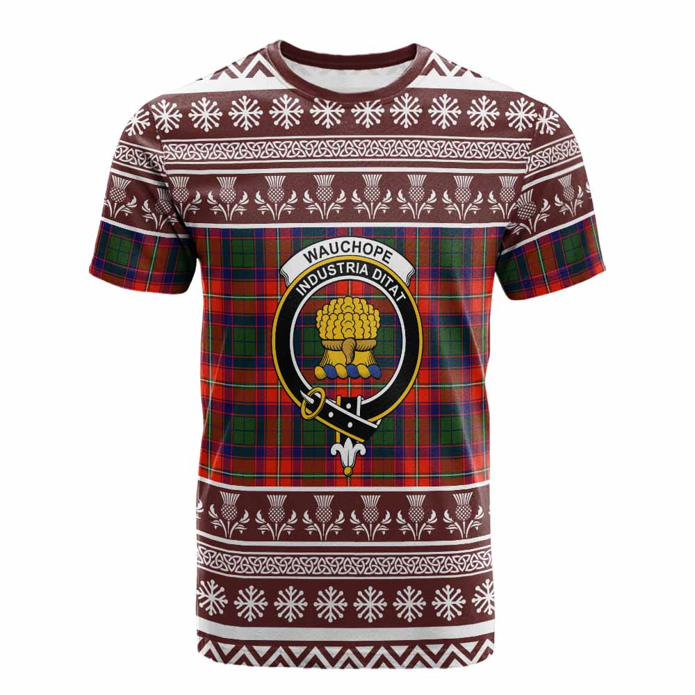 Wauchope Clan Tartan Christmas Cotton T-shirt with Family Crest - Tartan Vibes Clothing