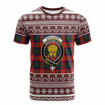 Wauchope Clan Tartan Christmas Cotton T-shirt with Family Crest