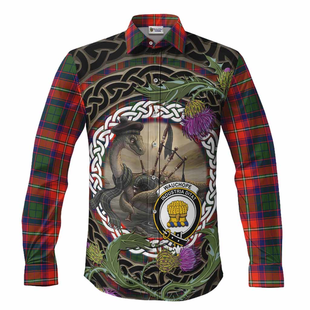 Wauchope Tartan Crest Bagpipe Nessie Long Sleeve Button Shirts Scottish Loch Ness Monster Celtic Thistle