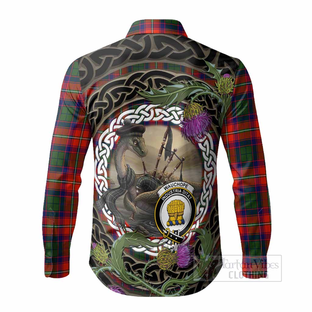 Wauchope Tartan Crest Bagpipe Nessie Long Sleeve Button Shirts Scottish Loch Ness Monster Celtic Thistle