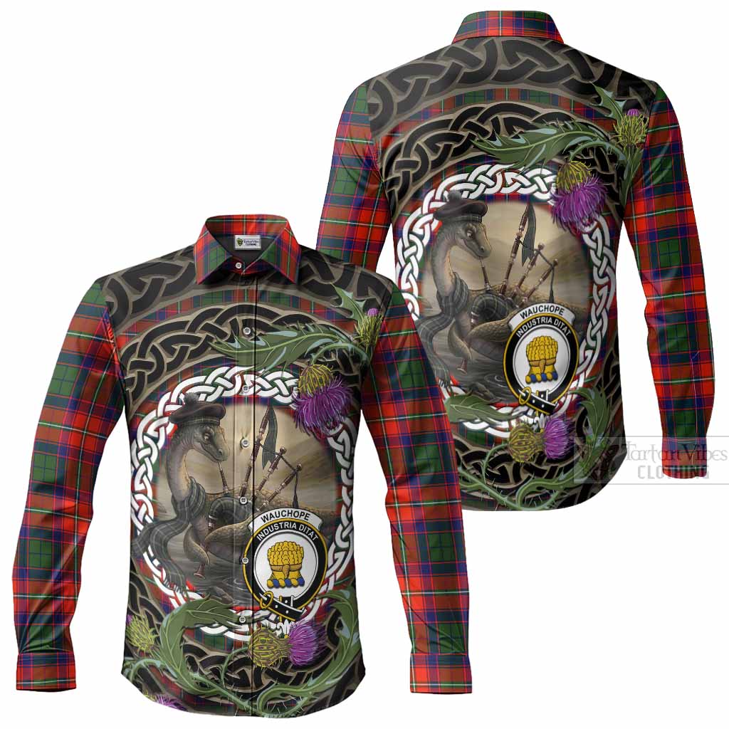 Wauchope Tartan Crest Bagpipe Nessie Long Sleeve Button Shirts Scottish Loch Ness Monster Celtic Thistle
